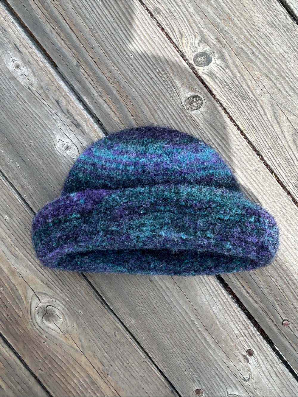 Vintage Rolled Brim Fuzzy Felted Wool Grandma Beanie Hat Womens Purple Blue